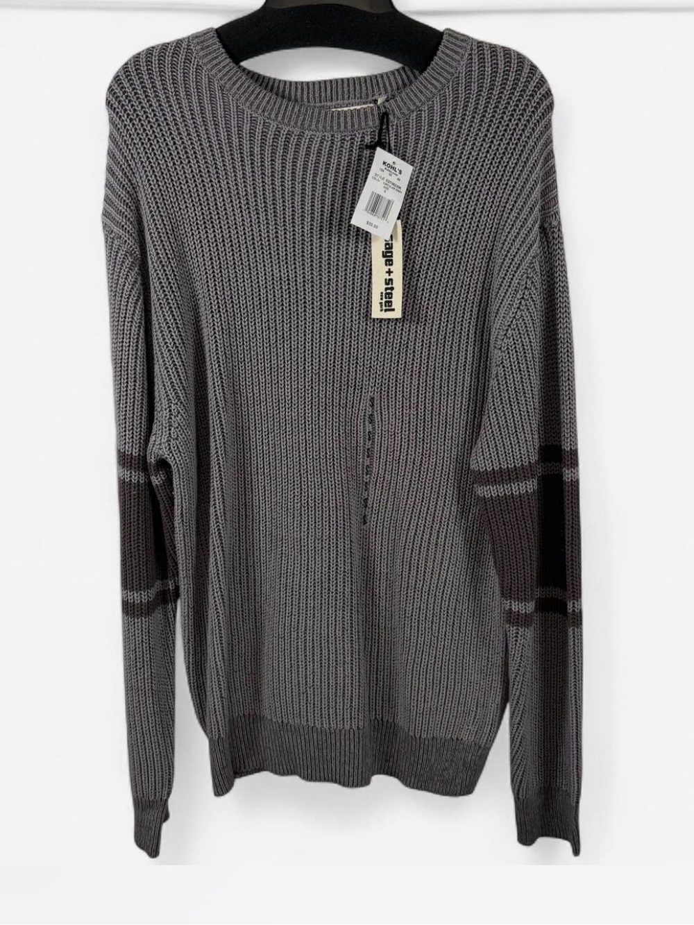 NWT-Slate Gray Crewneck Sweater with Dark Stripe Sleeve Detail size:Small